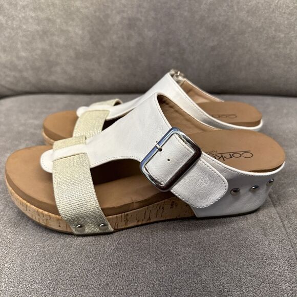 New Corkys Top Secret Wedge Sandals Size 7 White Slip On Adjustable Buckle - Picture 2 of 11